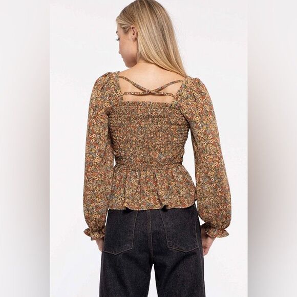 Papaya Floral Top Cross Back Ruffle Square Neck Smocked Medium - Picture 4 of 10
